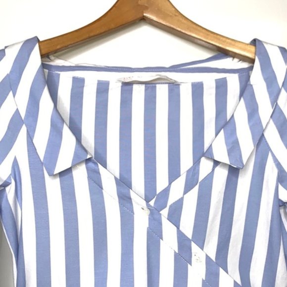 ZARA Stripe White Blue Button Up Collar Wrap Top - Picture 3 of 5